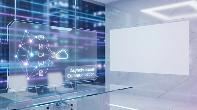 Futuristic async team collaboration concept with connected communication nodes, cloud messaging systems and shared workflow updates, remote teamwork platform, enterprise productivity technology bg