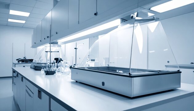 Laboratory fume hood with lowered sash and scientific equipment