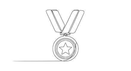 Continuous line drawing of a star medal with ribbon, symbolizing achievement and victory. © Atul