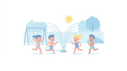 Fototapeta premium Summer Adaptation: Children playing with sprinklers in suburban backyard 