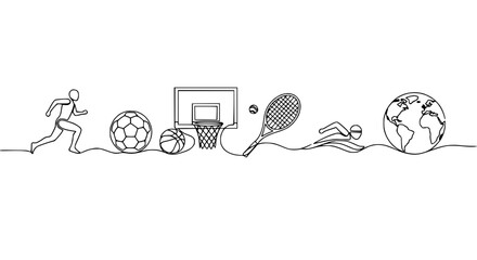 Diverse Sports Line Art: Running, Soccer, Basketball, Tennis, Swimming, Globe © Atul