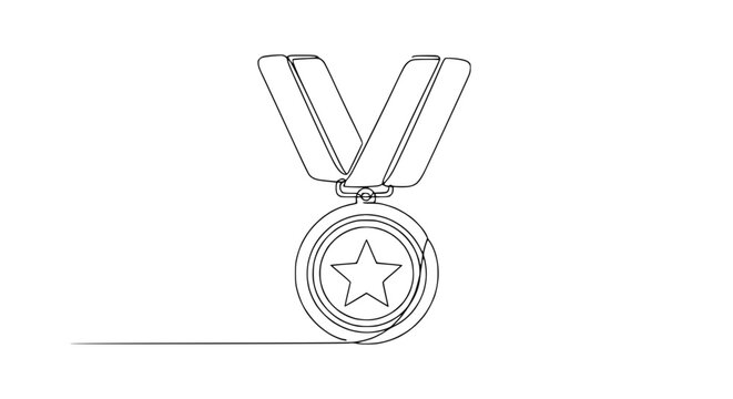 Continuous line drawing of a star medal with ribbon, symbolizing achievement and victory.