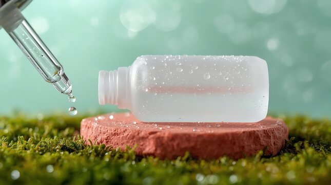 Cosmetic product bottle with dropper on a natural background, skincare concept.
