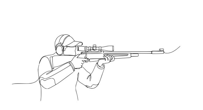 Continuous line drawing of a person aiming a rifle with scope, wearing headphones and cap