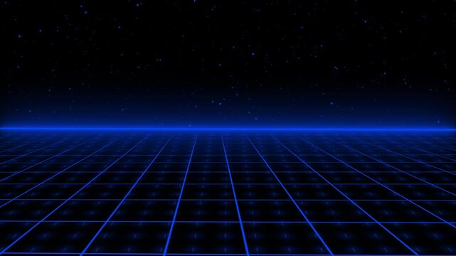 Deep blue neon tech grid horizon with starry space motion background. Retro grid symbol for scifi virtual planet environment presentation. Digital retro grid animation for technology backdrop.
