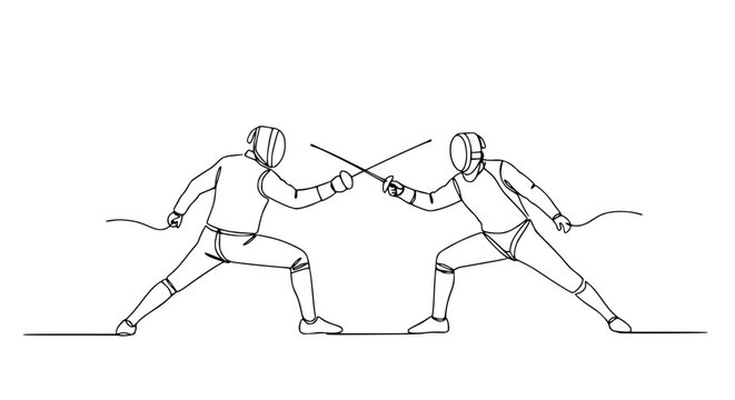 Continuous line drawing of two fencers in combat, fencing sport, duel, competition, action
