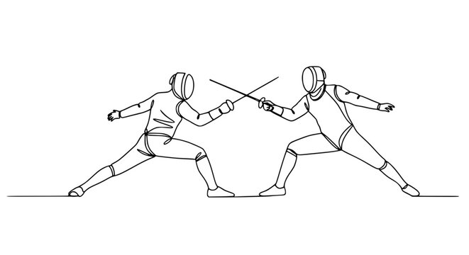 Continuous line drawing of two fencers in protective gear clashing swords on white background