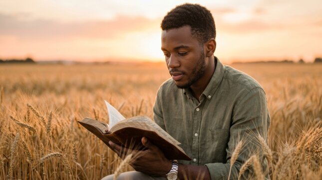 A young African American man reads the Bible in a sun-drenched, golden wheat field at sunset, finding joy in both knowledge and nature&mdash;a moment of connection with God and faith.