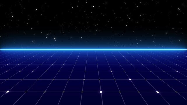 Digital tech grid horizon with cosmic stars and blue neon light. Retro grid symbol for advanced virtual cyberspace environment layout. Digital retro grid animation for technology promo.