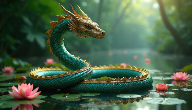 Green dragon serpent with gold ornaments rests on water lilies. Mythical asian creature in serene pond environment. Mystical water dragon, sacred animal, fantasy beast.