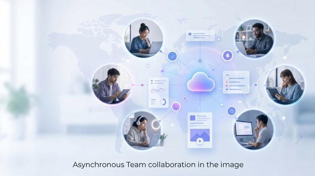Futuristic async team collaboration concept with connected communication nodes, cloud messaging systems and shared workflow updates, remote teamwork platform, enterprise productivity technology bg