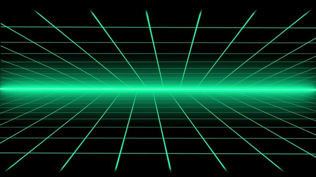 Green neon digital tech grid perspective with glowing horizon line. Retro grid symbol for cloud computing server database matrix layout. Digital retro grid animation for technology promo.