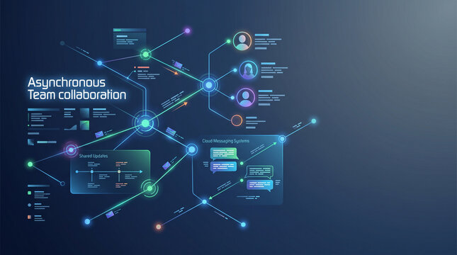 Futuristic async team collaboration concept with connected communication nodes, cloud messaging systems and shared workflow updates, remote teamwork platform, enterprise productivity technology bg
