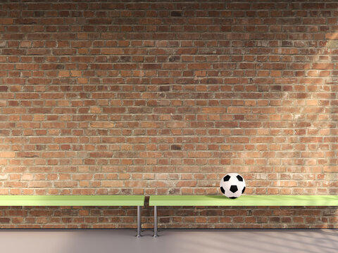 Soccer ball lying on a bench in a changing room, 3D Rendering