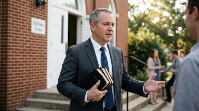 A Protestant minister greets a parishioner, holding a book in his hand. Communities and Faiths. Baptism.