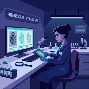 A female forensic scientist works diligently in a dimly lit, high-tech forensic lab at night, analyzing digital fingerprints on a tablet with various scientific instruments nearby.