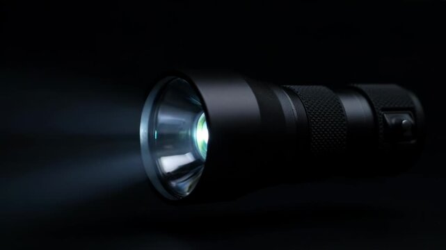 High-contrast handheld flashlight beams through dark night, illuminating the surroundings.