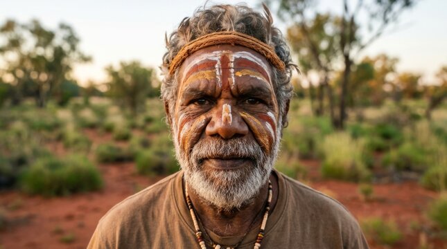 Indigenous elder with traditional face paint looking contemplative in the outback. Aboriginal man with painted face and beard against a desert