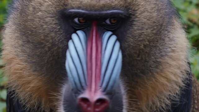 Close-up of baboon face in natural habitat. Majestic animal displays vibrant features and unique colors. Wildlife moment captures essence of nature and beauty.