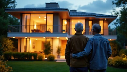 Fototapeta premium Two elderly men admire their new modern house at dusk. Lights glow warmly from windows in the expansive home. They stand together on the green lawn.