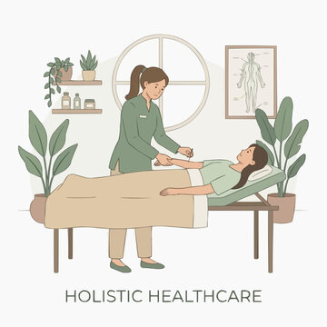 A dedicated practitioner performs acupuncture on a female patient's arm, who lies comfortably on a treatment bed in a serene clinic.