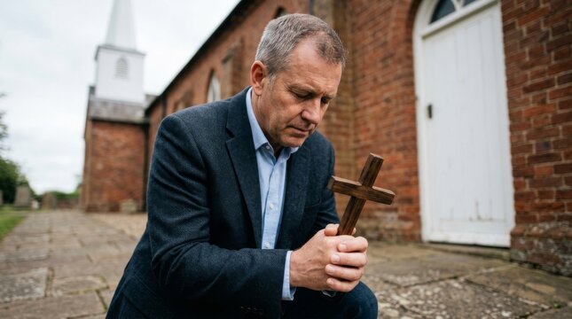 An elderly man presses a wooden cross against his forehead and prays beside a brick wall; in the background stands a Baptist Protestant church.