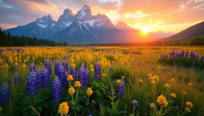 Fototapeta premium Wildflowers bloom in a meadow below snow capped mountains at sunrise. Golden sun rays illuminate the colorful lupine and buttercups. Tall peaks stand against a warm sky with clouds.