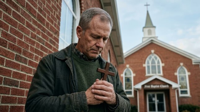 An elderly man presses a wooden cross against his forehead and prays beside a brick wall; in the background stands a Baptist Protestant church.