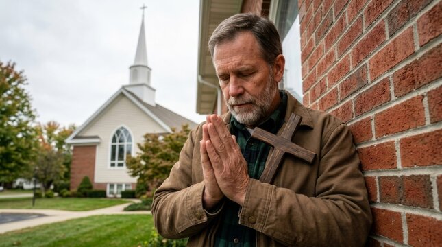 An elderly man presses a wooden cross against his forehead and prays beside a brick wall; in the background stands a Baptist Protestant church.