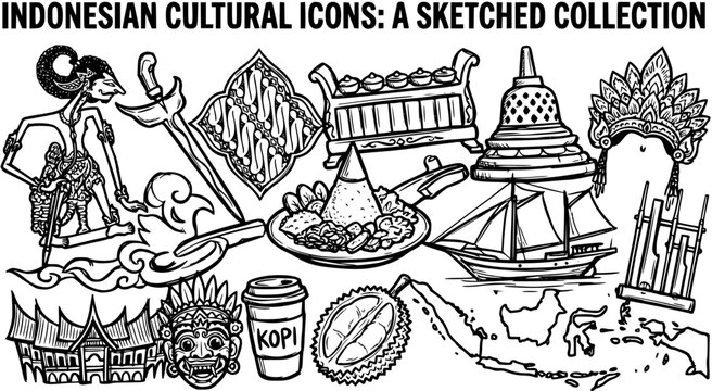 Indonesian Cultural Icons Sketched Collection: Traditional Art, Food, Music, Landmarks  Symbols. Black  White Doodle Line Art Vector.