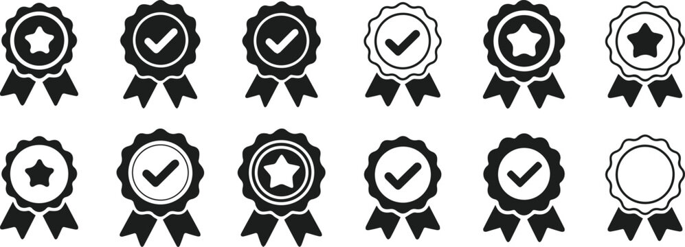 Approval check big icon set. Verified, certified, medal, correct mark, award ribbon, badge, quality certify sign - stock vector