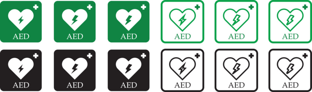 CPR and AED icon collection vector. Emergency defibrillator sign or icon. AED AID CPR. Vector green red isolated icon CPR. Cpr and aed signs emergency first aid healthcare medical safety