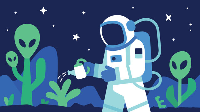 Illustration Of An Alien Gardener Watering Alien Plants Vector Design Template