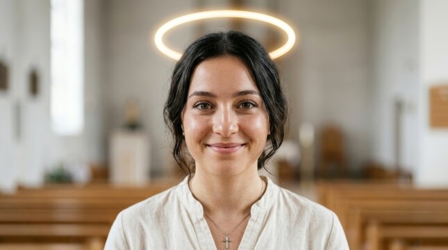 Smiling young woman with virtual halo in a church setting, representing goodness, virtue, and religious faith