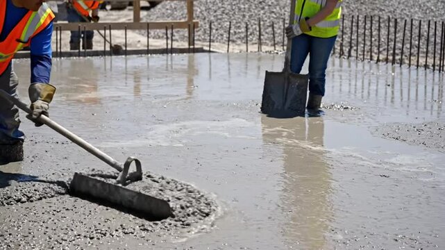 Construction workers spreading wet concrete on road site.