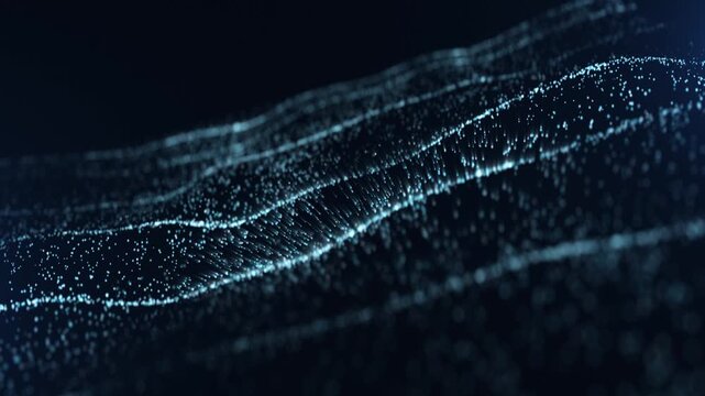 Abstract blue particle wave with glowing digital dots and flowing futuristic motion. Technology background for cyberspace, networks, and data visuals.