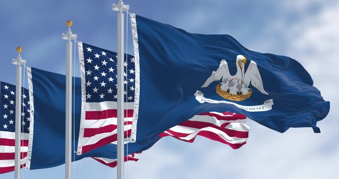 Louisiana and United States flags waving together. Concept of state and federal government, patriotism and identity. Seamless 3d render animation. Slow motion loop. Selective focus