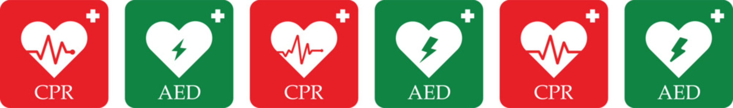 CPR and AED icon collection vector. Emergency defibrillator sign or icon. AED AID CPR. Vector green red isolated icon CPR. Cpr and aed signs emergency first aid healthcare medical safety
