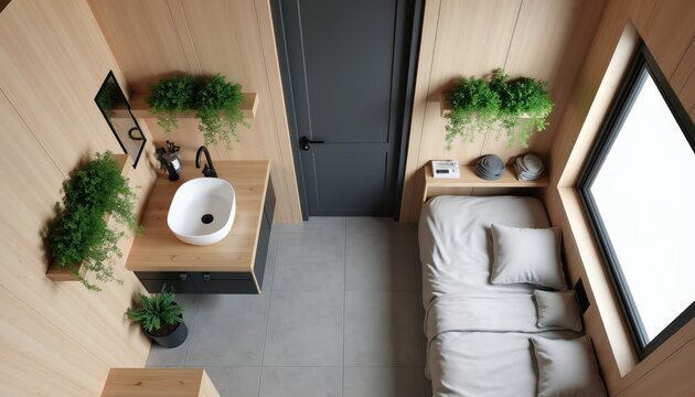 Tiny home interior shows a compact bathroom and sleeping area. Wood panel walls and minimalist design create a cosy organised space. A bed sits beside a large window, near a sink and vanity.