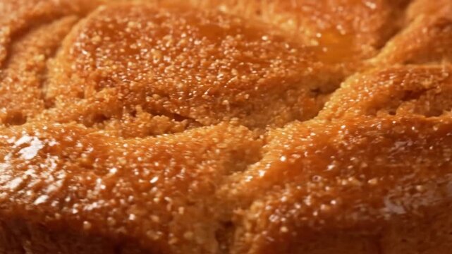 Extreme close-up macro shot of sweet glazed baked pastry dough. delicious golden dessert or sticky bun texture with glossy sugar glaze.