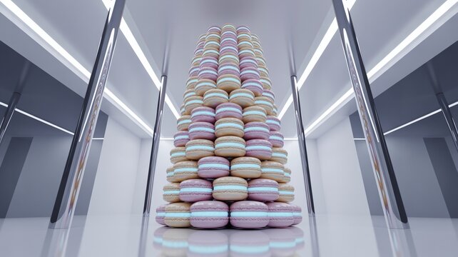 Pastel macaron tower glowing like digital server status lights &ndash; Great for futuristic dessert catering, tech bakery promotions, or sci-fi food concepts.