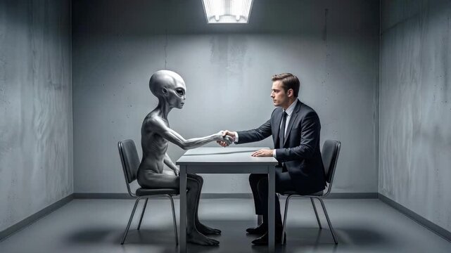 Formal handshake between businessman and grey alien in sterile interrogation room. Static wide shot.