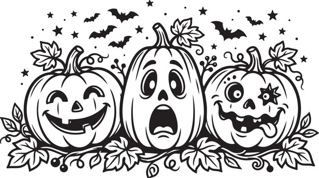 Three carved Halloween pumpkins with expressive faces on dark background in spooky style, Generative AI