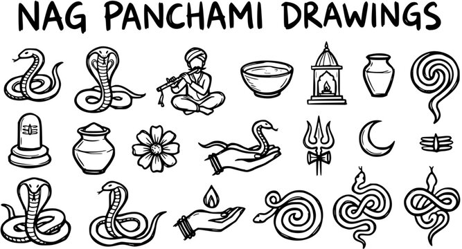 Nag Panchami Line Art: Serpent Icons, Flute Player, Offerings, and Symbols