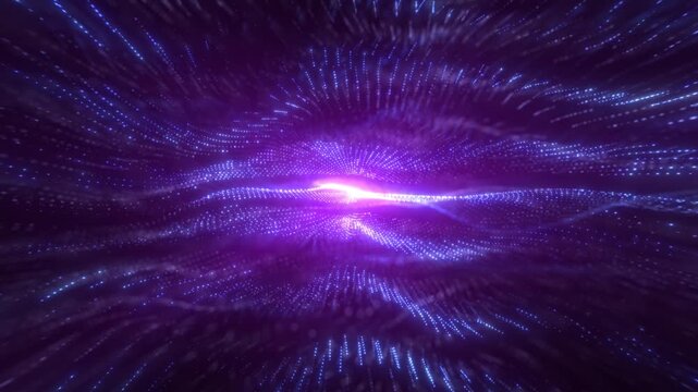 Abstract glowing purple energy wave with flowing digital particles and futuristic motion blur. Vibrant sci-fi background for technology and motion graphics visuals.