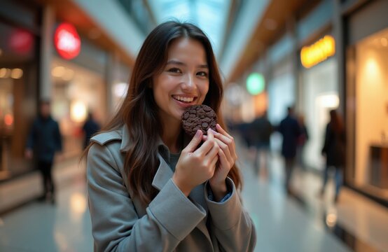Smiling young woman holds chocolate cookie near mouth inside shopping center. Blurred people and storefronts in background, indoors. She enjoys a sweet treat during a shopping break.