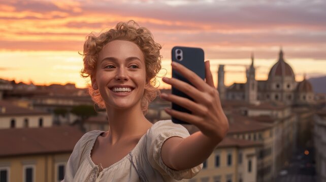 woman with Curly Hair Taking Selfie at Sunset in Italian City