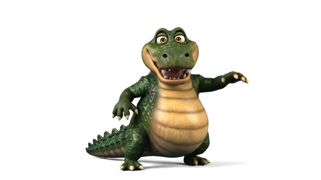 A friendly 3D cartoon alligator or crocodile character stands on its hind legs and gestures happily. The stylized animal animation is set against a solid white studio background for clean video design