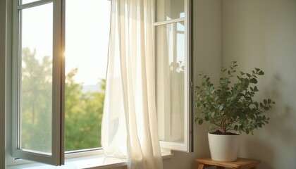 Fototapeta premium Open window with sheer curtain blowing in breeze, sunlight streaming into room. Potted plant sits on sill, creating airy, peaceful home vibe. Fresh air flows.
