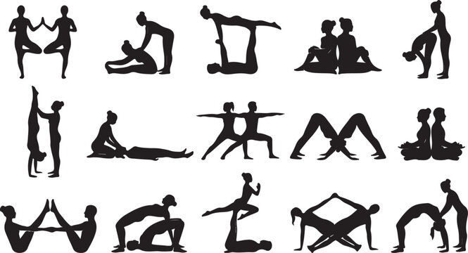 Black silhouettes of people performing various partner yoga poses and exercises Vector